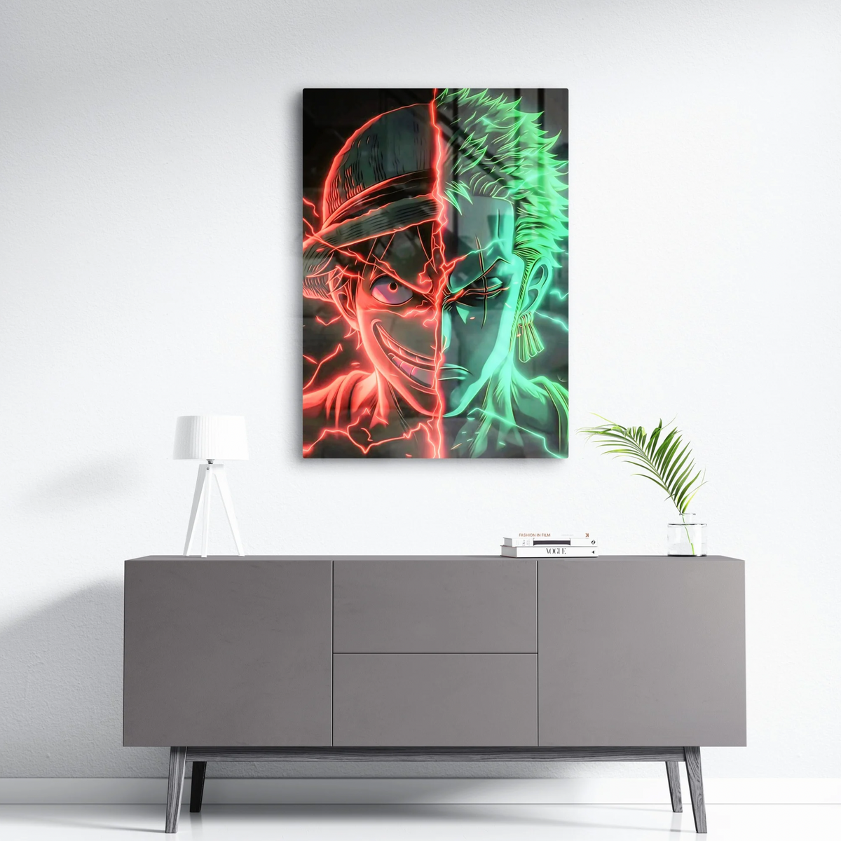A metal print displayed above a console table