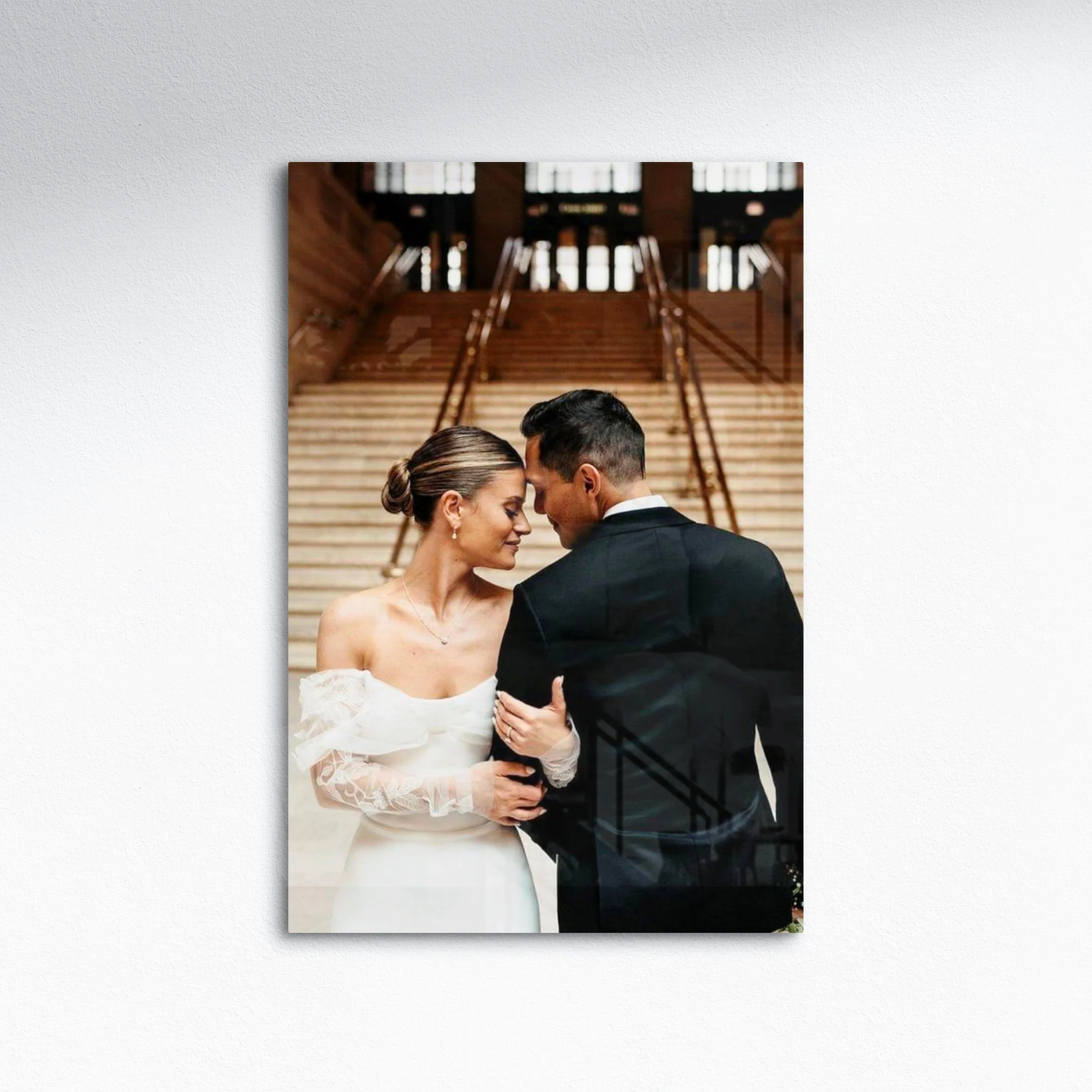 A wedding photograph printed on metal